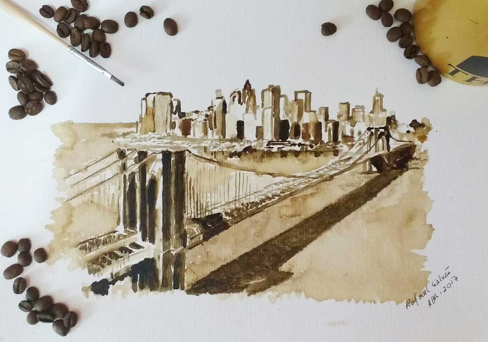 Barista expõe quadros pintados com pó de café